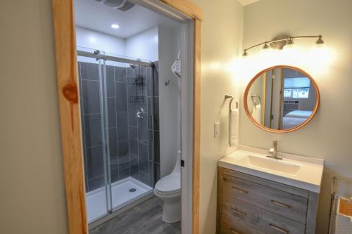 DarbyThe Darmont Hotel and Suites的带淋浴、盥洗盆和镜子的浴室