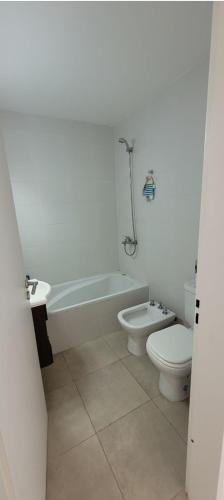 埃塞萨House near ezeiza international airport的带浴缸、卫生间和盥洗盆的浴室