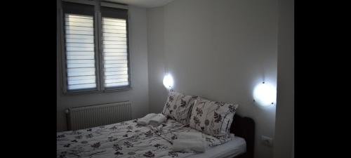 索科矿泉村Apartman Linera的卧室配有一张床,墙上有两盏灯