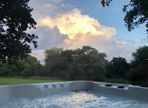 灵伍德Lynbrook Cabin and Hot Tub, New Forest的云天的田野中的浴缸