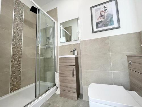 诺丁汉Unique & Luxurious 2 Bedroom City Centre Apartment的一间带玻璃淋浴和卫生间的浴室