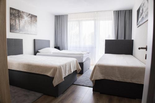 杜伊斯堡T&K Apartments near Messe Fair Trade Düsseldorf und Airport 2A的酒店客房设有两张床和窗户。