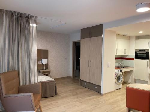 艾克斯莱班Aix-les-Bains Appart'S的酒店客房带一张床和一个厨房
