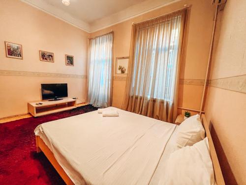 基辅Apartment - Independence Square的卧室配有白色的床和电视。