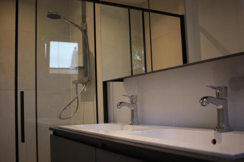 圣利芬斯－豪特姆The Suite Escape Apartment Sand的一间带两个盥洗盆和淋浴的浴室