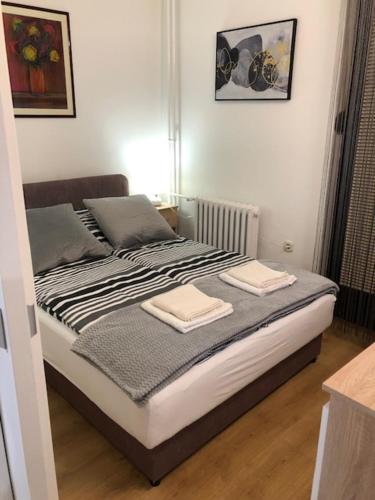 奥西耶克AnDi的一间卧室配有一张床,上面有两条毛巾