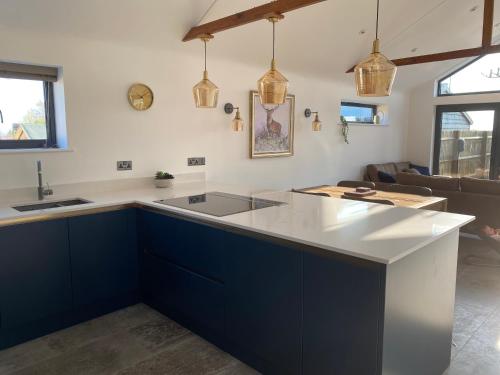 BredonThe Potting Shed的厨房配有蓝色橱柜和白色台面