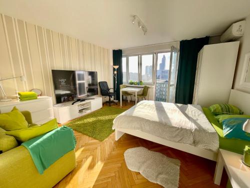 华沙Super Apartament GREEN Rondo ONZ Metro NOWE Wifi 300 Mb/s AirCondition Netflix Spotify的一间卧室配有一张床、一台电视和一张沙发