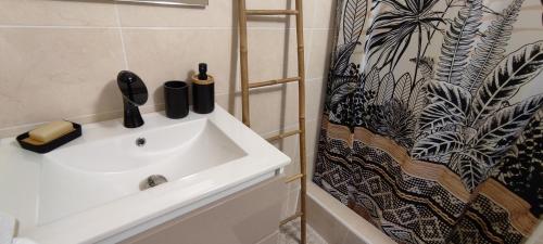 Rémire-CampStudio Orchidée - Calme et chaleureux的一间带水槽和淋浴帘的浴室