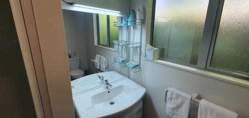 OnekakaGolden Bay Holiday Park的白色的浴室设有水槽和镜子