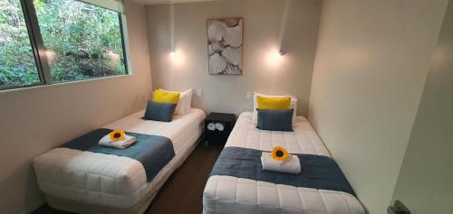 OnekakaGolden Bay Holiday Park的带窗户的客房内设有两张单人床。