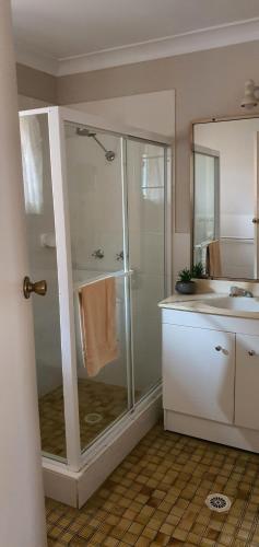 尼尔森湾Central Motel Nelson Bay的带淋浴和盥洗盆的浴室