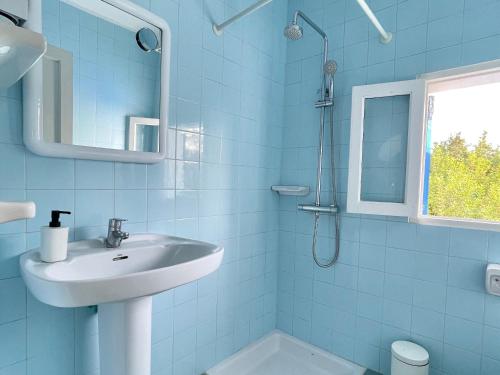 拉萨维纳Casa frente al lago的蓝色的浴室设有水槽和淋浴