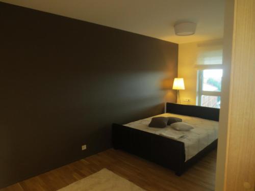 派尔努Aida 7 Guest Apartement的一间卧室配有一张黑色墙壁的床