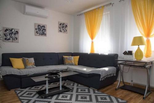 达鲁瓦尔Apartments Oaza的客厅配有蓝色的沙发和桌子