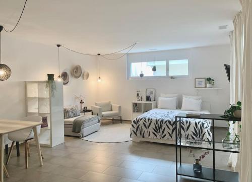 ErmatingenStudio Apartment am Bodensee - modern und stilvoll的一间卧室设有一张床和一间客厅。