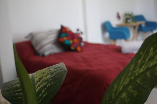 蒙特雷Hospedaje con vista a la ciudad的客厅配有红色沙发和绿色植物