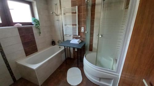 特尔日奇Draga - 2 bedroom apartment的带浴缸、淋浴和盥洗盆的浴室