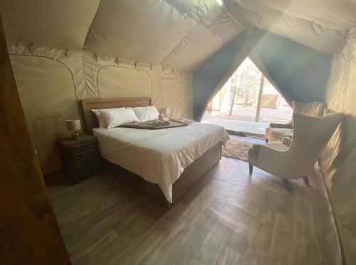 贝拉贝拉Vlakkieskraal Farmstay - Nyala Tented Camp的一间卧室配有一张床铺,帐篷内提供一把椅子