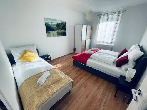 巴登-巴登Black Forest Apartment的一间卧室设有两张床和窗户。