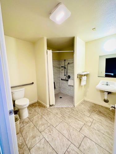 金斯堡国王汽车旅馆的浴室配有卫生间、淋浴和盥洗盆。