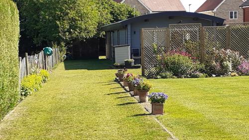 ElmswellThe Annexe, Cornfields的草上种有盆栽植物的花园