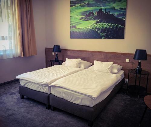 松博特海伊加尔达酒店的卧室内的一张床铺,墙上有绘画作品