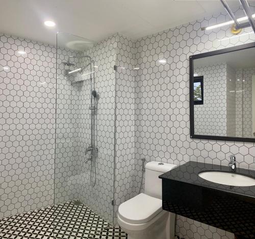 Gia NghĩaKhách sạn Robin Gia Nghĩa的一间带卫生间、水槽和镜子的浴室
