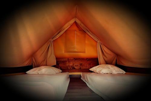 VirigninLes Lodges de la ViaRhôna - Tentes Lodges的带帐篷的客房内的两张床