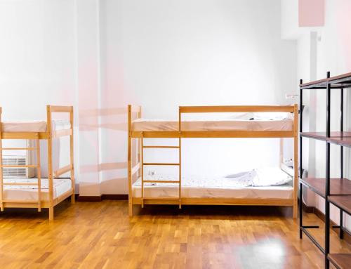普里什蒂纳Alias Hostel的铺有木地板的客房内配有两张双层床。