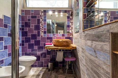 帕拉迪索海岸Statzu Butzu的浴室铺有紫色瓷砖,设有盥洗盆和卫生间。