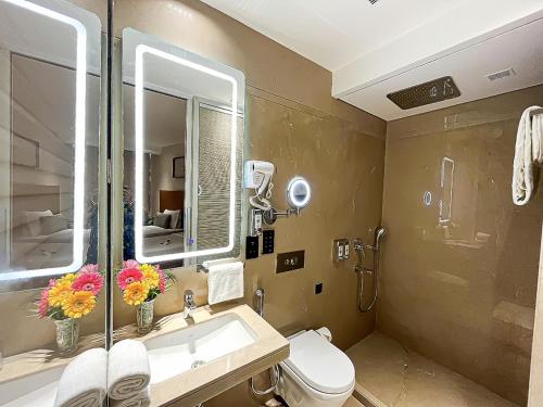 加尔各答Morvee Hotels Alipore Kolkata的一间带水槽、卫生间和镜子的浴室