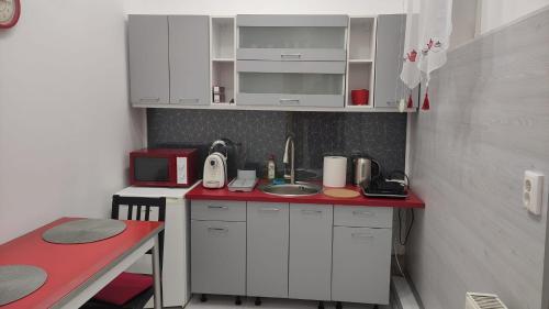 克卢日-纳波卡Cluj Center的一间小厨房,配有白色的橱柜和红色的台面