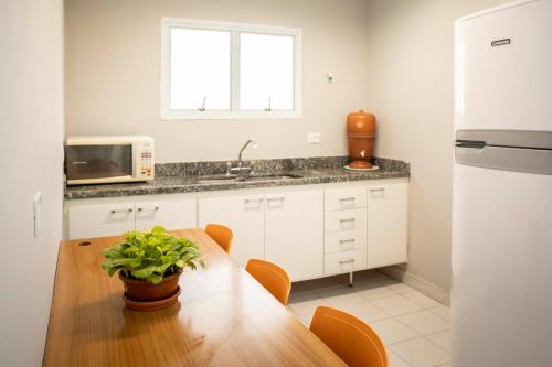圣保罗Casa Ecotrips Barra Funda - Hostel的厨房配有木桌和水槽。