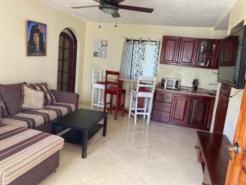 喀巴里特El Cabarete Spa Resort all-Inclusive的带沙发的客厅和厨房