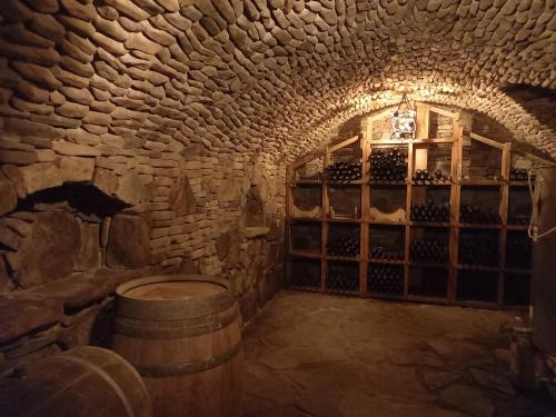 克罗斯诺Dom Winiarza的酒窖,酒窖里放着酒桶和酒瓶
