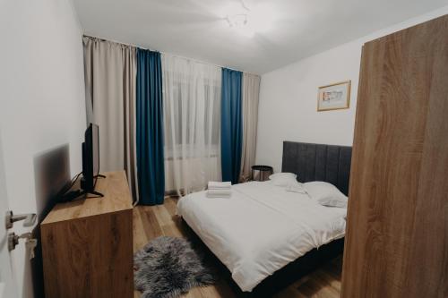 瓦特拉多尔内Apartamentul Albastru的一间卧室配有一张床和一台电视