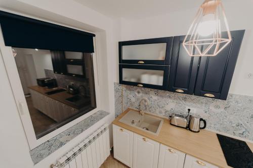 瓦特拉多尔内Apartamentul Albastru的厨房配有黑色橱柜、水槽和镜子