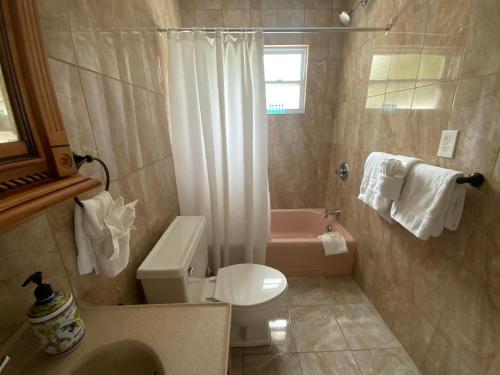 萨拉索塔Lido Sunshine L, Steps to Lido Beach的一间带粉红色卫生间和淋浴的浴室