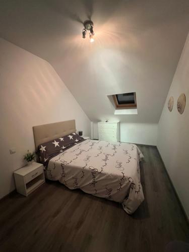 哈卡La Perla del Pirineo的阁楼上的卧室配有一张大床