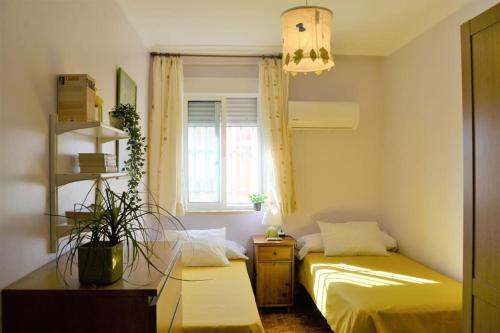 塞维利亚El Apartamento de Trini的小房间设有两张床和窗户