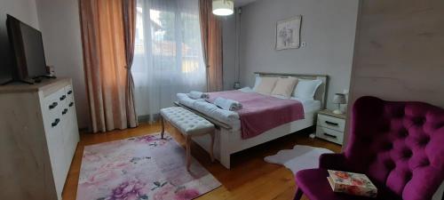 班斯科Infinity Boutique Apartments的一间卧室配有一张床和一张紫色沙发