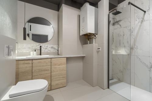 什切青Apartament Milion Rynek Sienny Stare miasto Apartamenty No.1的浴室配有卫生间、盥洗盆和淋浴。