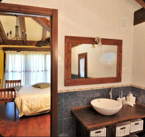 Monón科拉尔 - 阿尔迪乡村民宿的一间带水槽和镜子的浴室以及一张床
