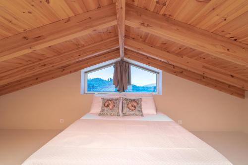 普莱诺斯Spartakos Luxury Villa 1的窗户客房内的一张床位