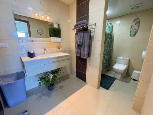璜多里奥Elegante Blue Marine Apartamento Juan Dolio的一间带水槽、卫生间和镜子的浴室