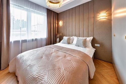 罗兹Wyjątkowy Taupe Apartament w centrum Łodzi的一间卧室设有一张大床和一个大窗户
