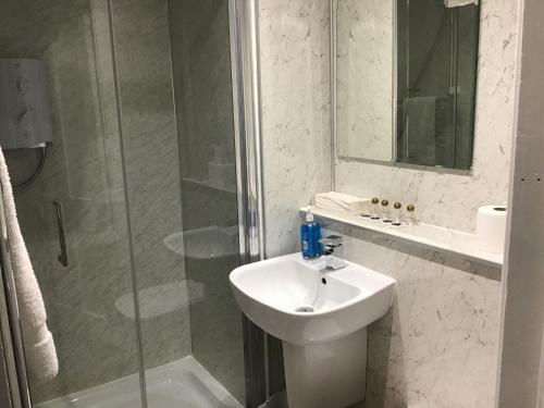 斯通黑文Belvedere Guest House的白色的浴室设有水槽和淋浴。
