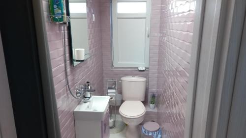 Novo DelchevoКЪЩА ЗА ГОСТИ ПРИЯТЕЛИ的粉红色的浴室设有卫生间和水槽