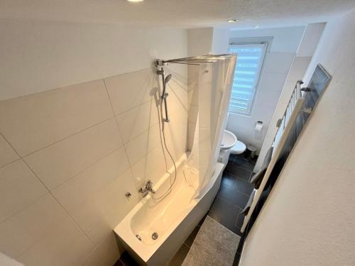 开姆尼茨KMHosting Modern Apartment Zentrum - Wohlfühlen & Arbeiten的带浴缸和卫生间的浴室。